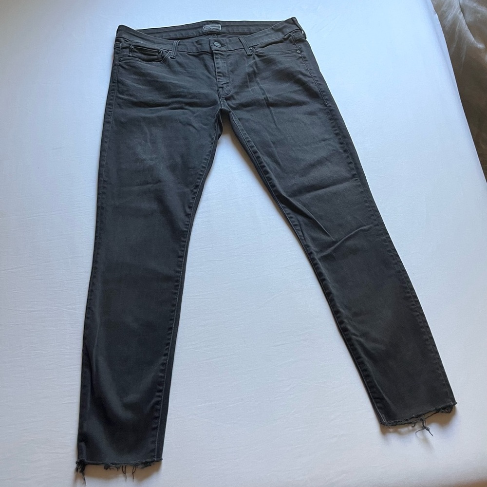 MOTHER black denim cotton elastane raw fray hem skinny slim leg jeans